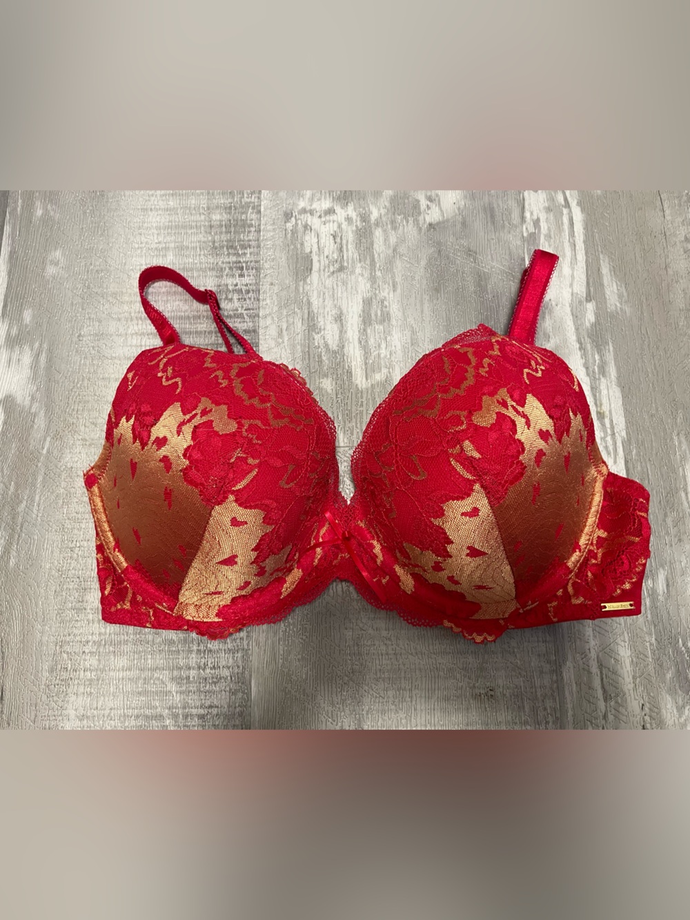 La Vie en Rose Red Lace & Gold Accent Underwire Push-Up Bra